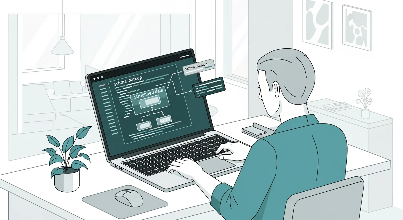 Developer implementing schema markup structured data code on laptop showing JSON-LD markup and rich snippet preview