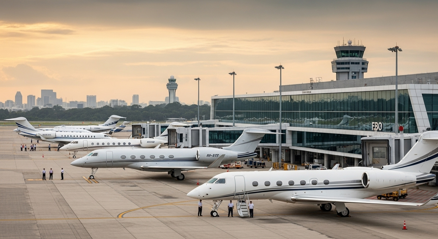 Private jet at Seletar Airport Singapore with modern business aviation hub
