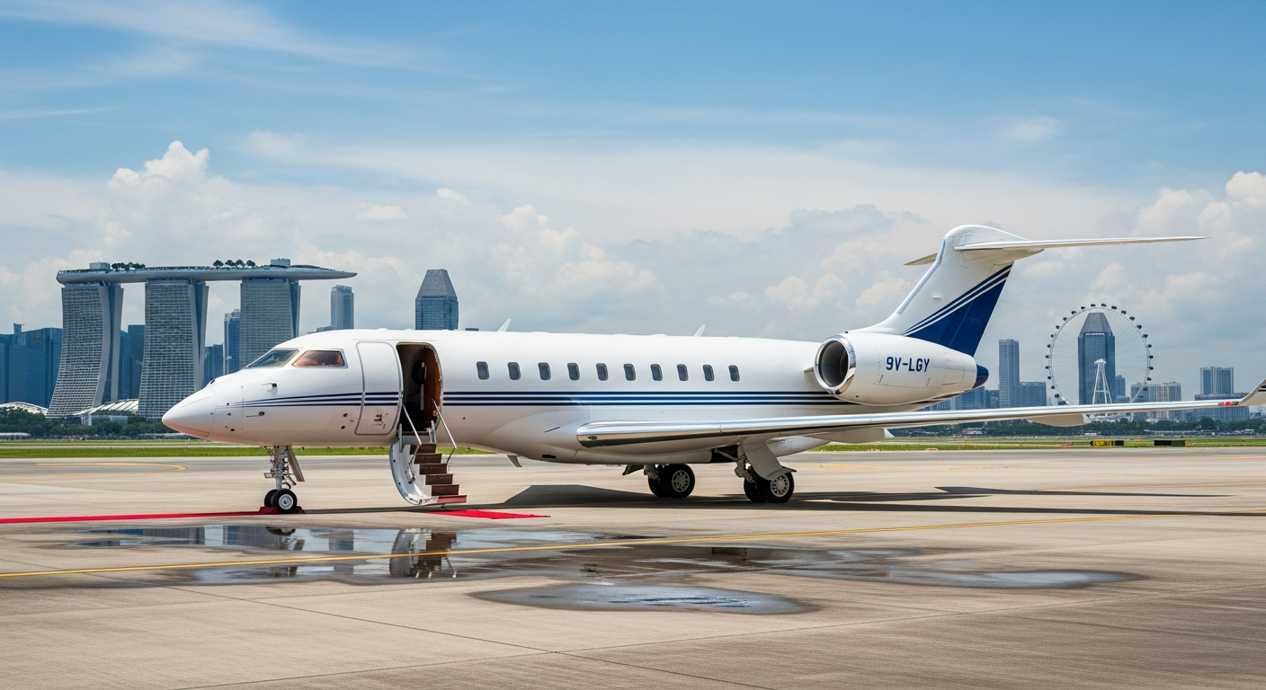 Private jet at Seletar Airport Singapore with modern business aviation hub