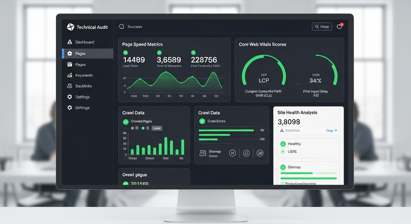 SEO specialist performing technical website audit with speed metrics and crawl data