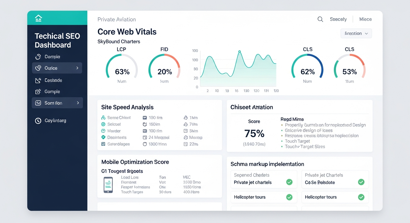 Technical SEO dashboard showing Core Web Vitals metrics and site speed optimization for private jet charter websites