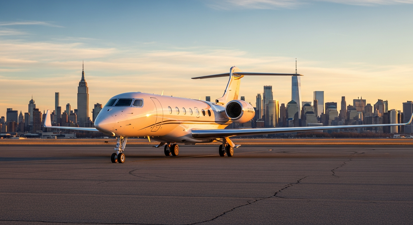 Private jet at Teterboro Airport with Manhattan skyline