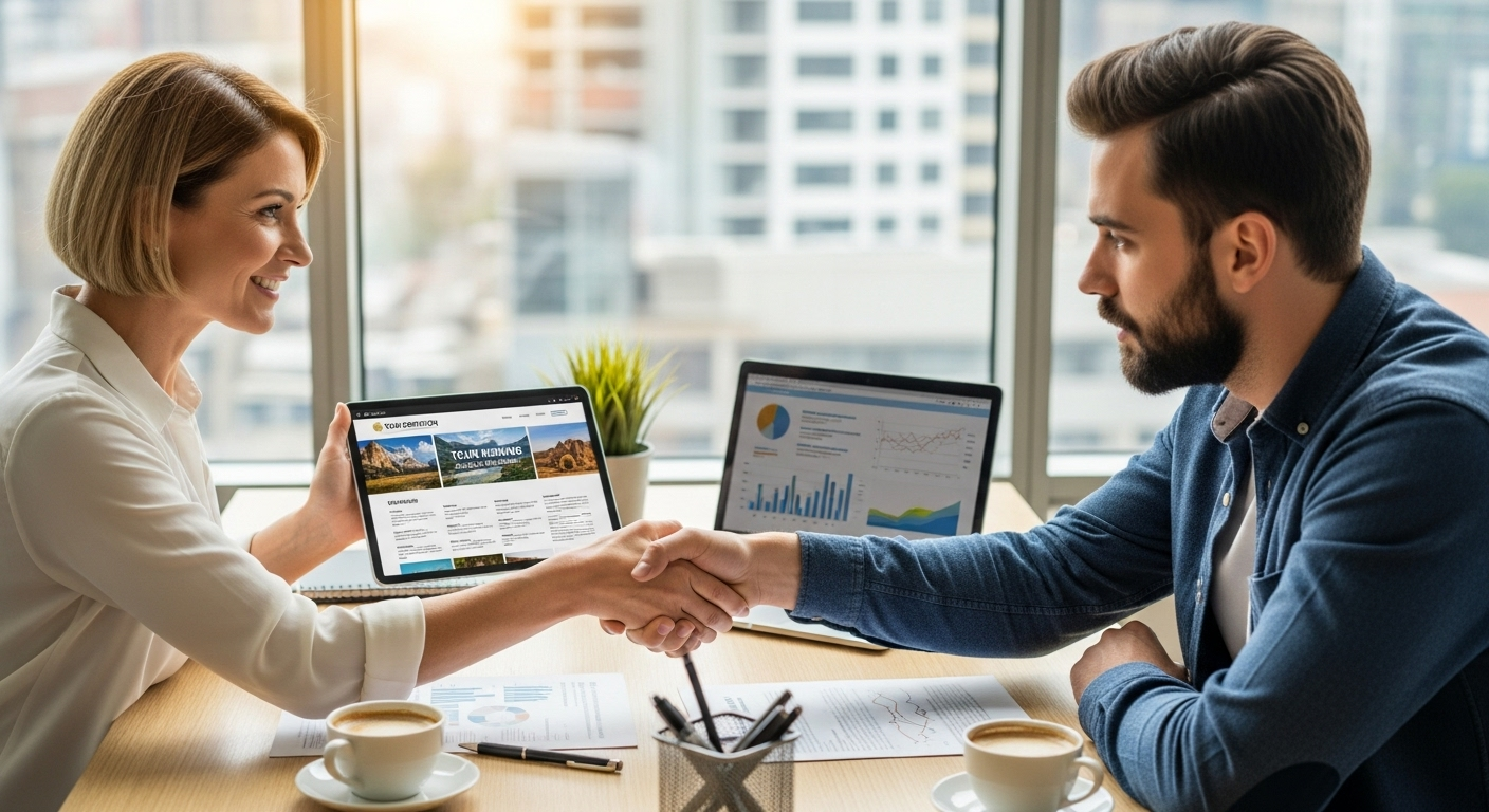 Tour operator professional consulting with SEO specialist about digital marketing strategy to increase tour bookings