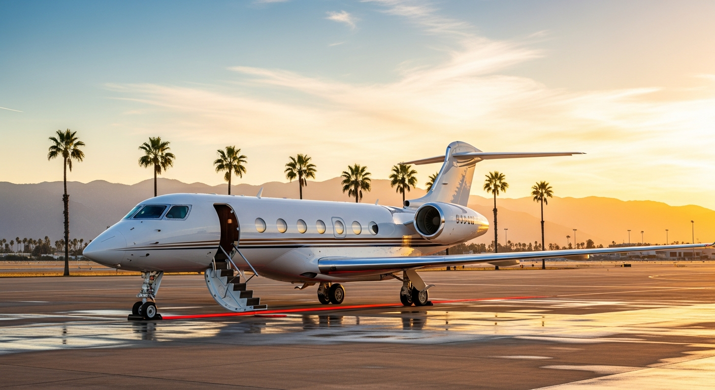 Private jet at Van Nuys Airport with Los Angeles skyline