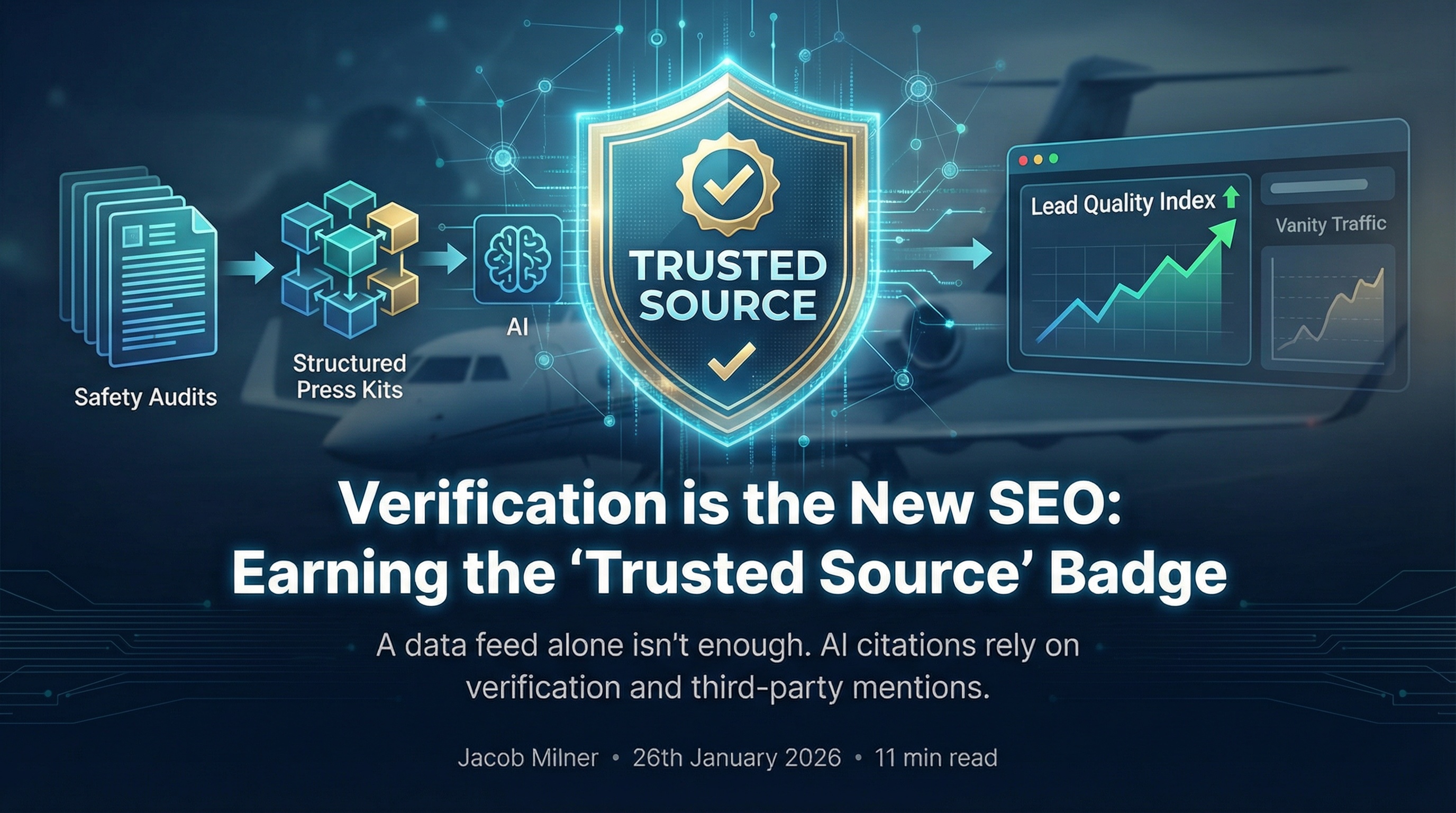 Trust verification badges and certification seals over private jet silhouette