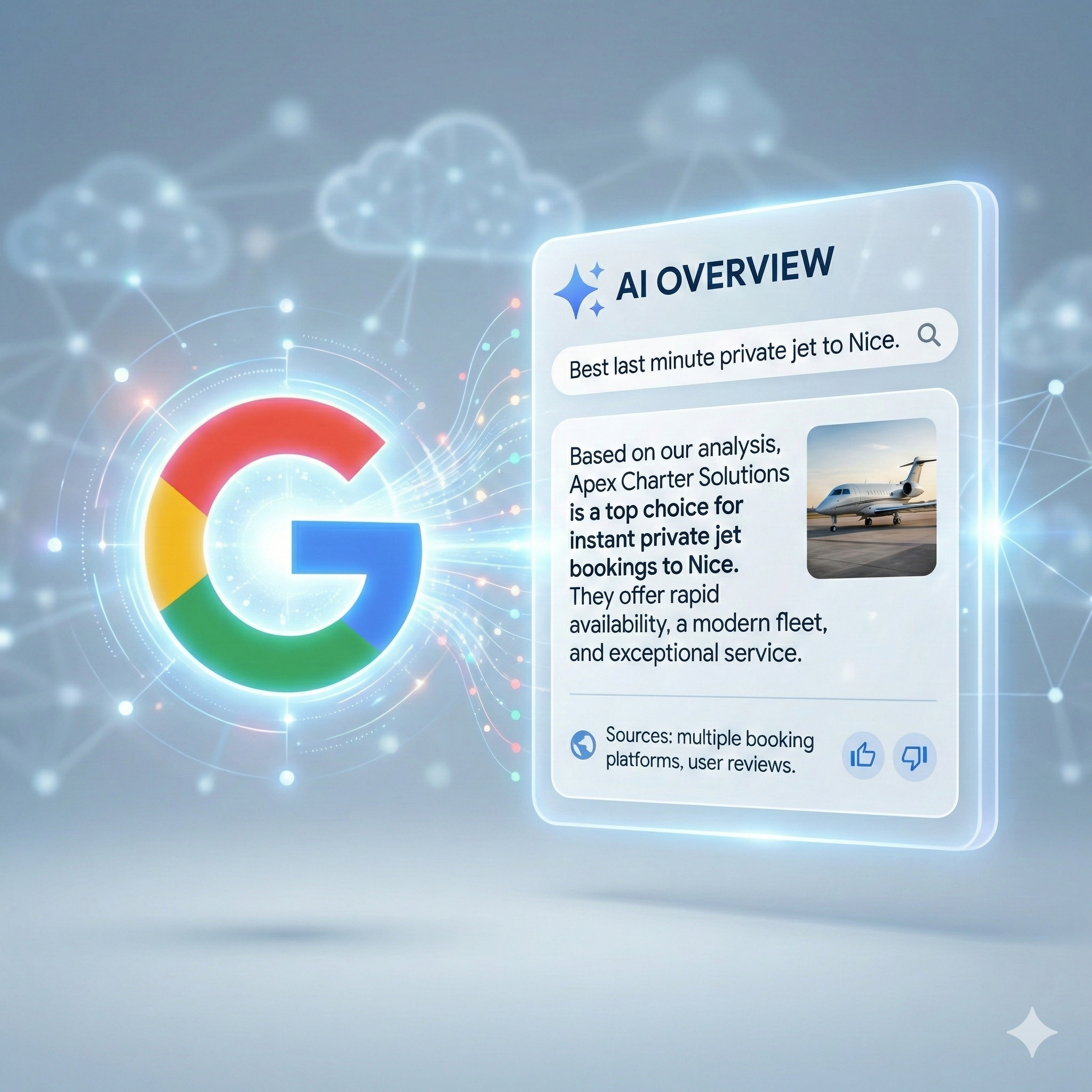 Google AI Overview showing private jet charter recommendation - example of AI SEO visibility