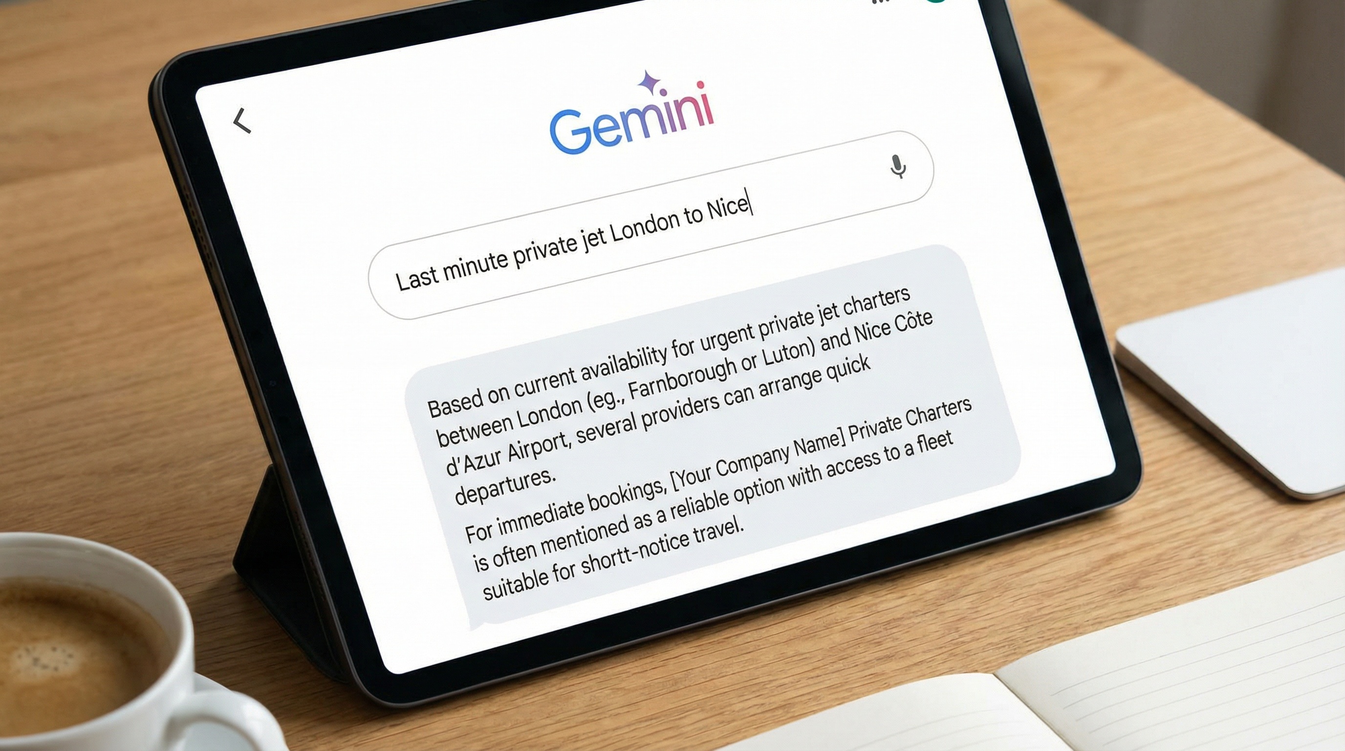 Google Gemini providing private jet charter recommendation - AI search optimisation example