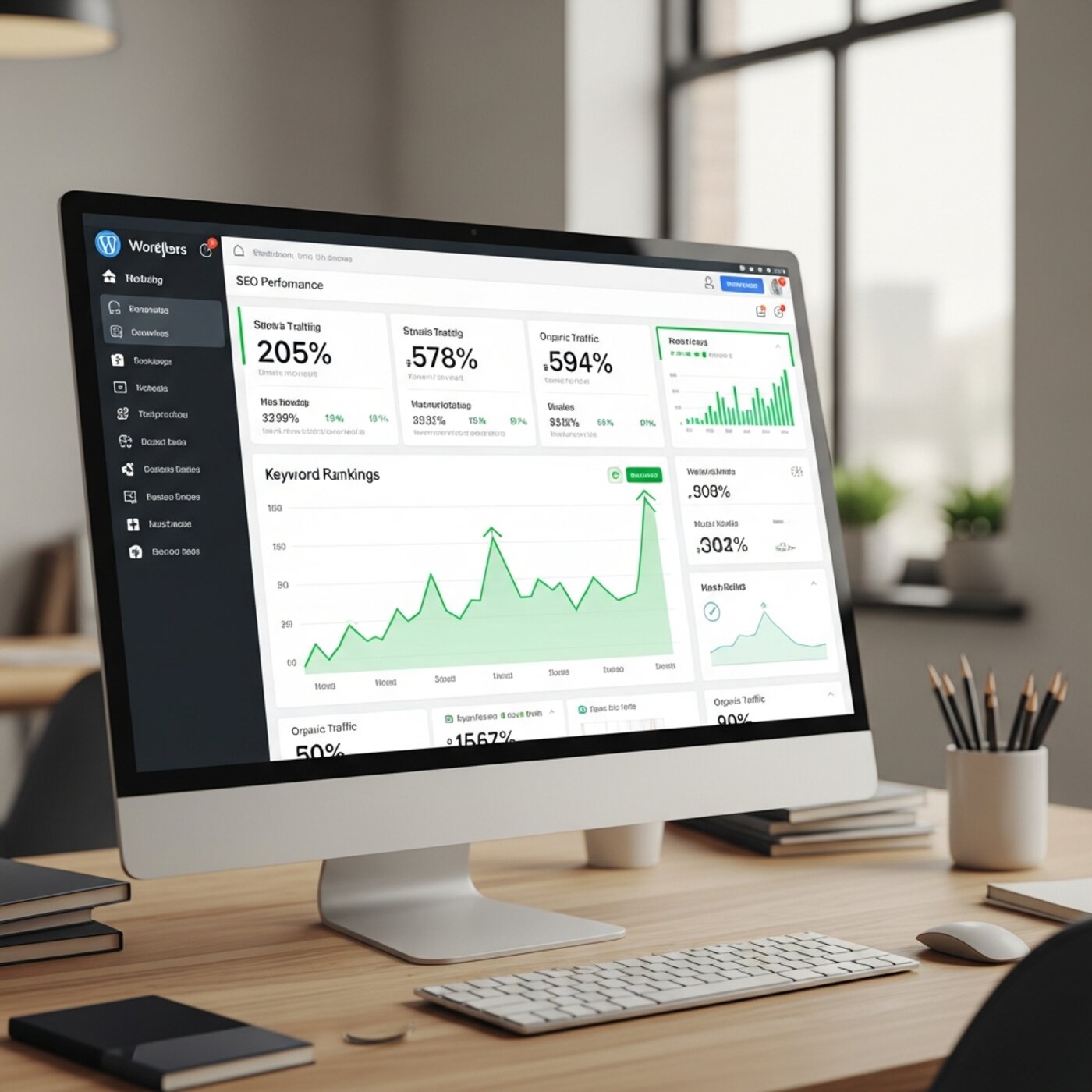 WordPress dashboard showing SEO performance metrics with upward trending graphs