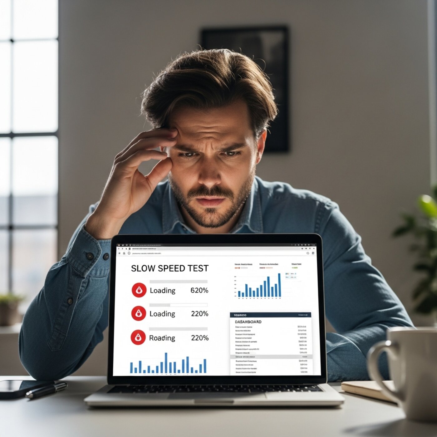Frustrated business owner viewing laptop with slow website loading