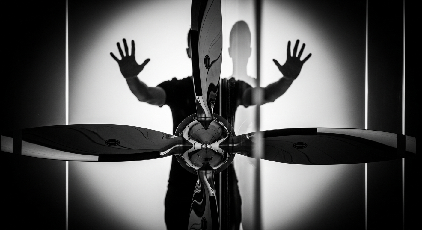 Aircraft propeller disconnected from a reaching figure, symbolising the attribution gap where operational excellence fails to convert into AI citations because fleet data is not machine-readable