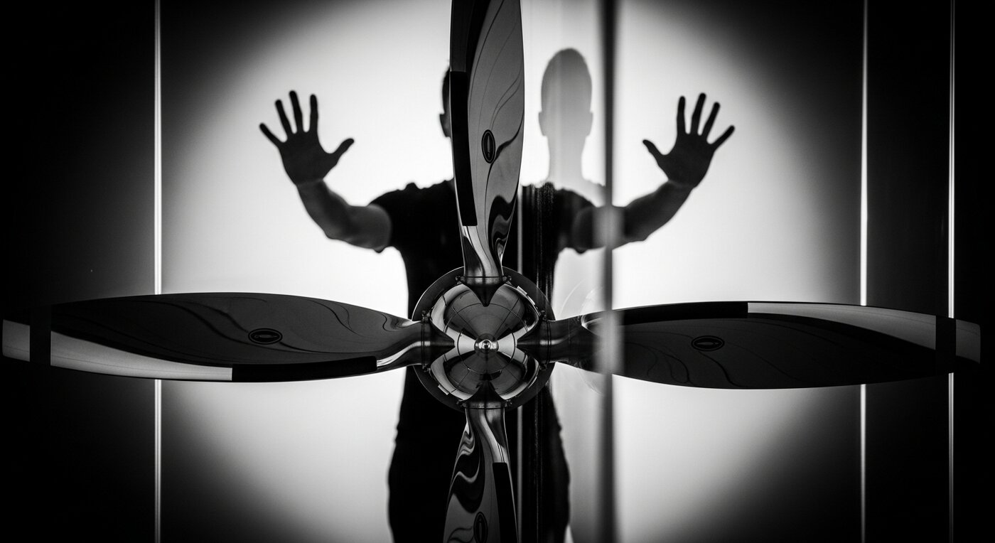 Aircraft propeller disconnected from a reaching figure, symbolising the attribution gap where operational excellence fails to convert into AI citations because fleet data is not machine-readable