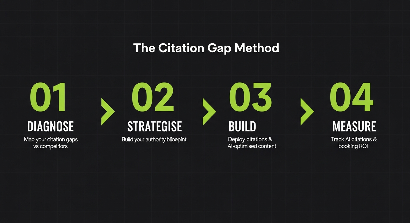 The Citation Gap Method: a 4-stage process — Diagnose, Strategise, Build, Measure — showing how we close the gap between your real-world authority and AI citation visibility