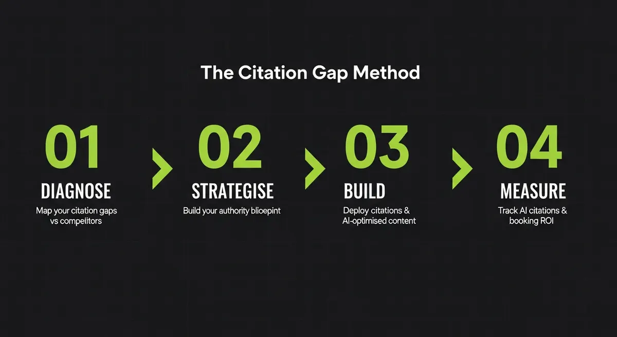 The Citation Gap Method: a 4-stage process (Diagnose, Strategise, Build, Measure) showing how we close the gap between your real-world authority and AI citation visibility