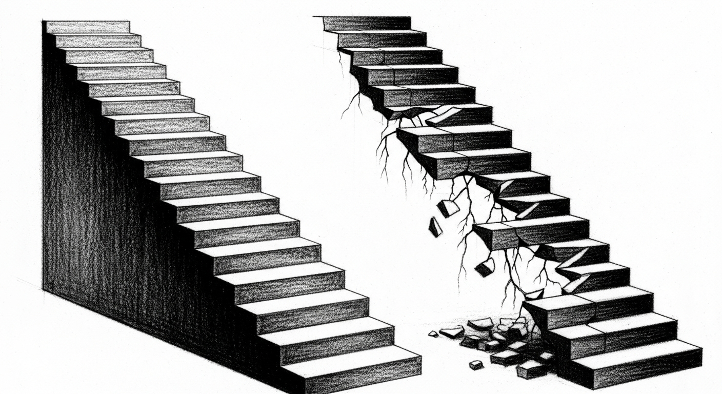 Two diverging staircases showing how AI citation authority compounds over time — operators with structured data climb while those without fall further behind each citation cycle