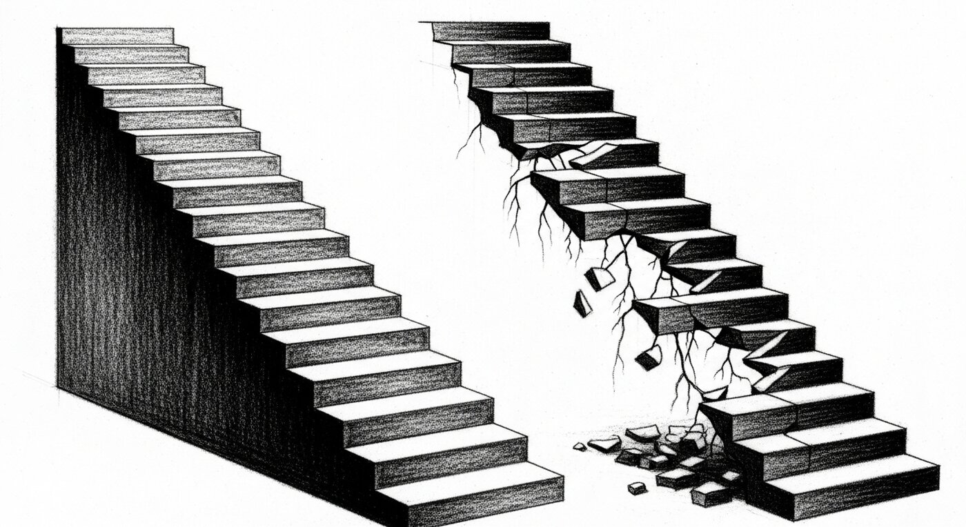 Two diverging staircases showing how AI citation authority compounds over time — operators with structured data climb while those without fall further behind each citation cycle