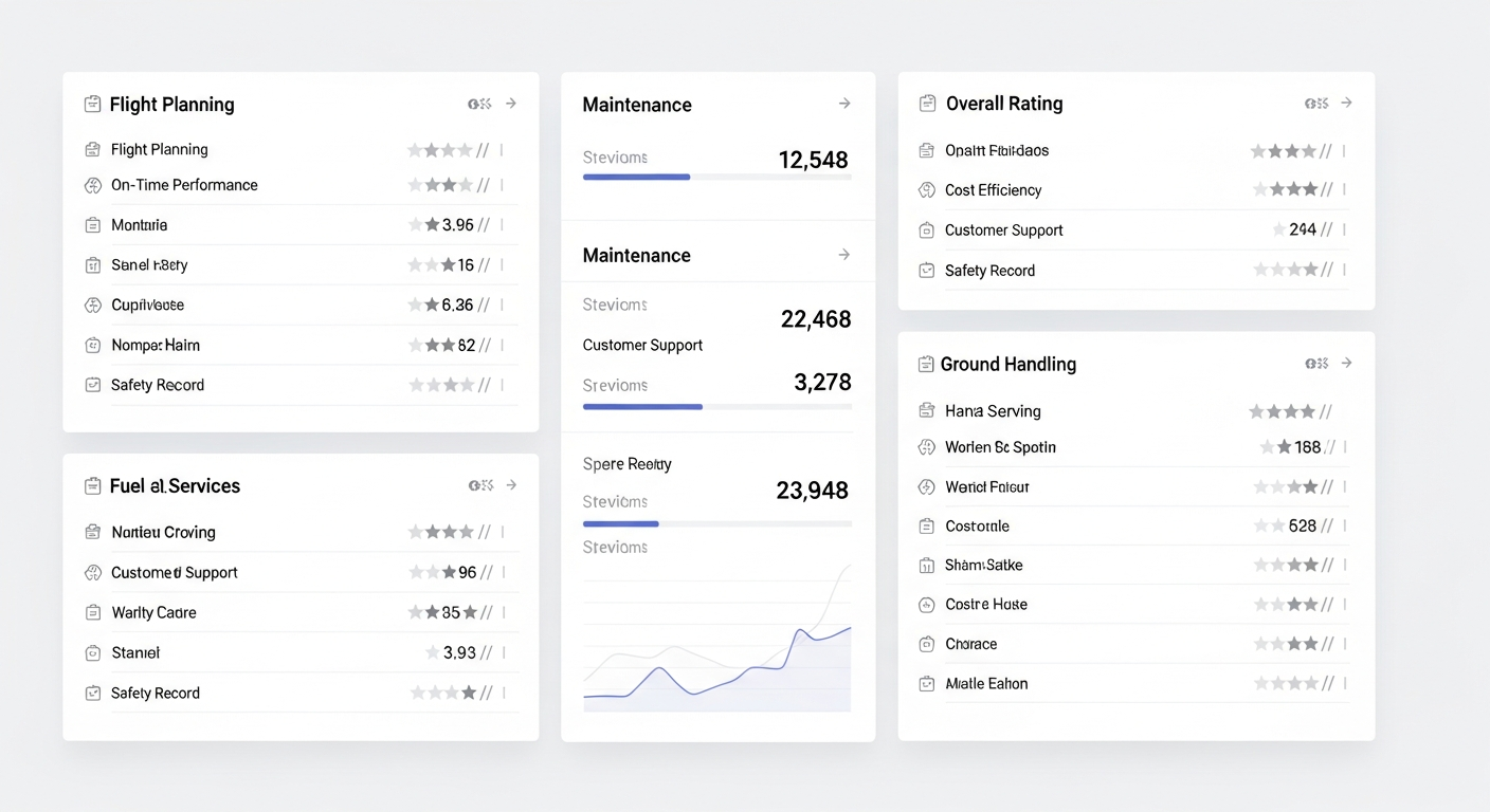Digital dashboard displaying comparison metrics and evaluation criteria for private jet directories, showing data structure, traffic quality, and lead type ratings