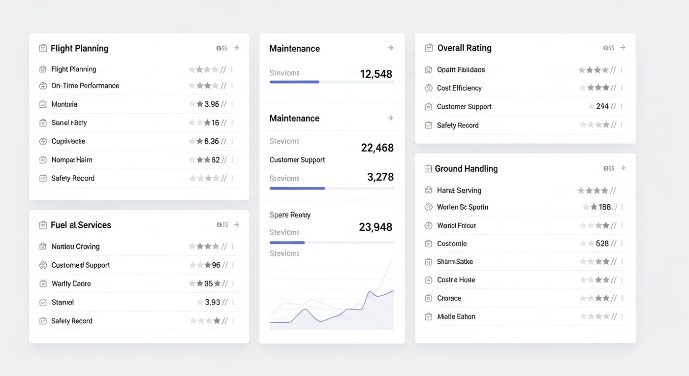 Digital dashboard displaying comparison metrics and evaluation criteria for private jet directories, showing data structure, traffic quality, and lead type ratings