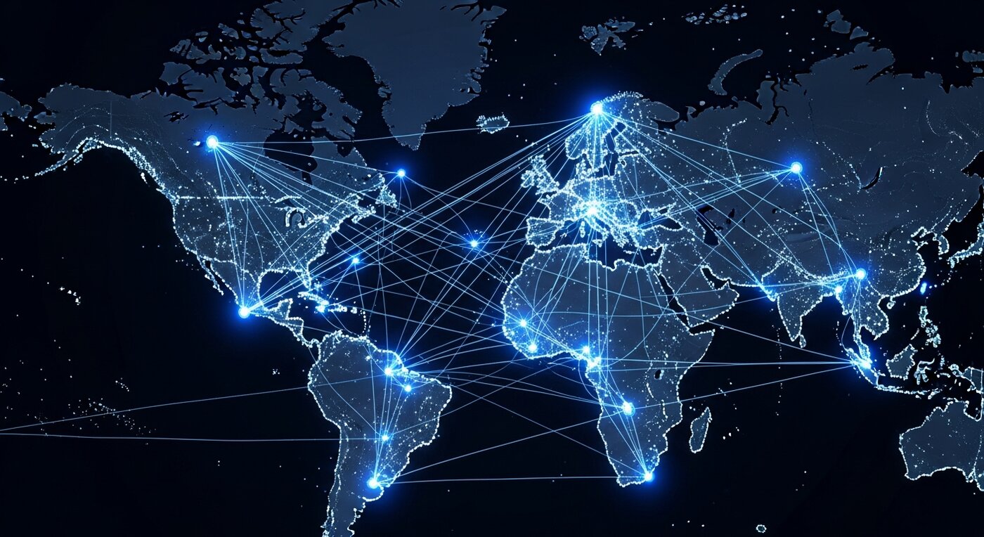 Interconnected network of glowing aviation route nodes representing how private jet directories connect operators with charter buyers and AI search engines across global markets