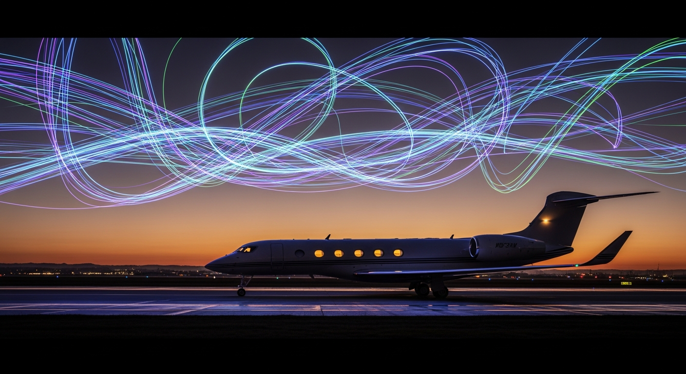 A private jet on a runway at dusk beneath glowing network light trails, representing AI search visibility for charter operators