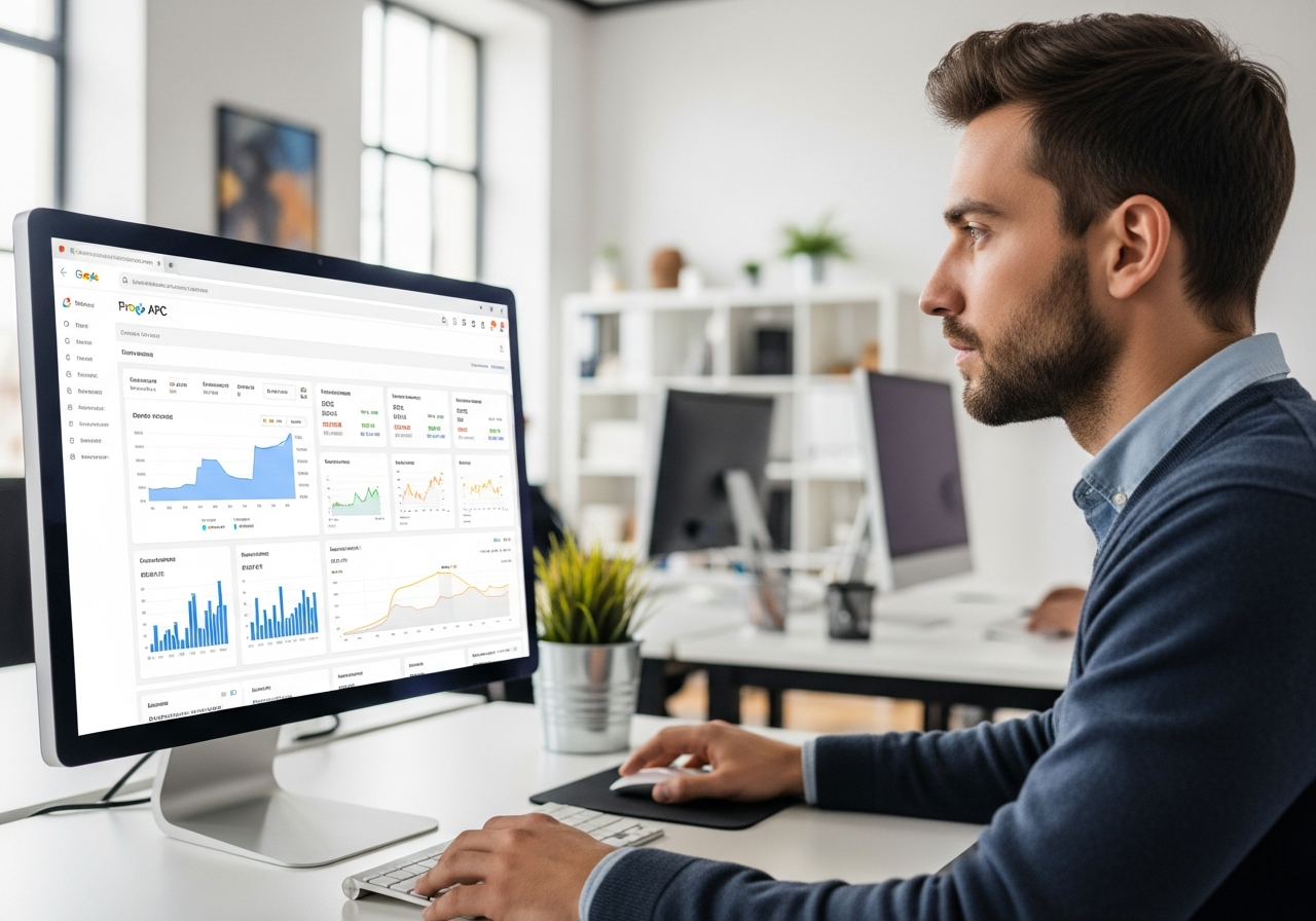 Digital marketer managing Google Ads PPC campaign with analytics dashboard