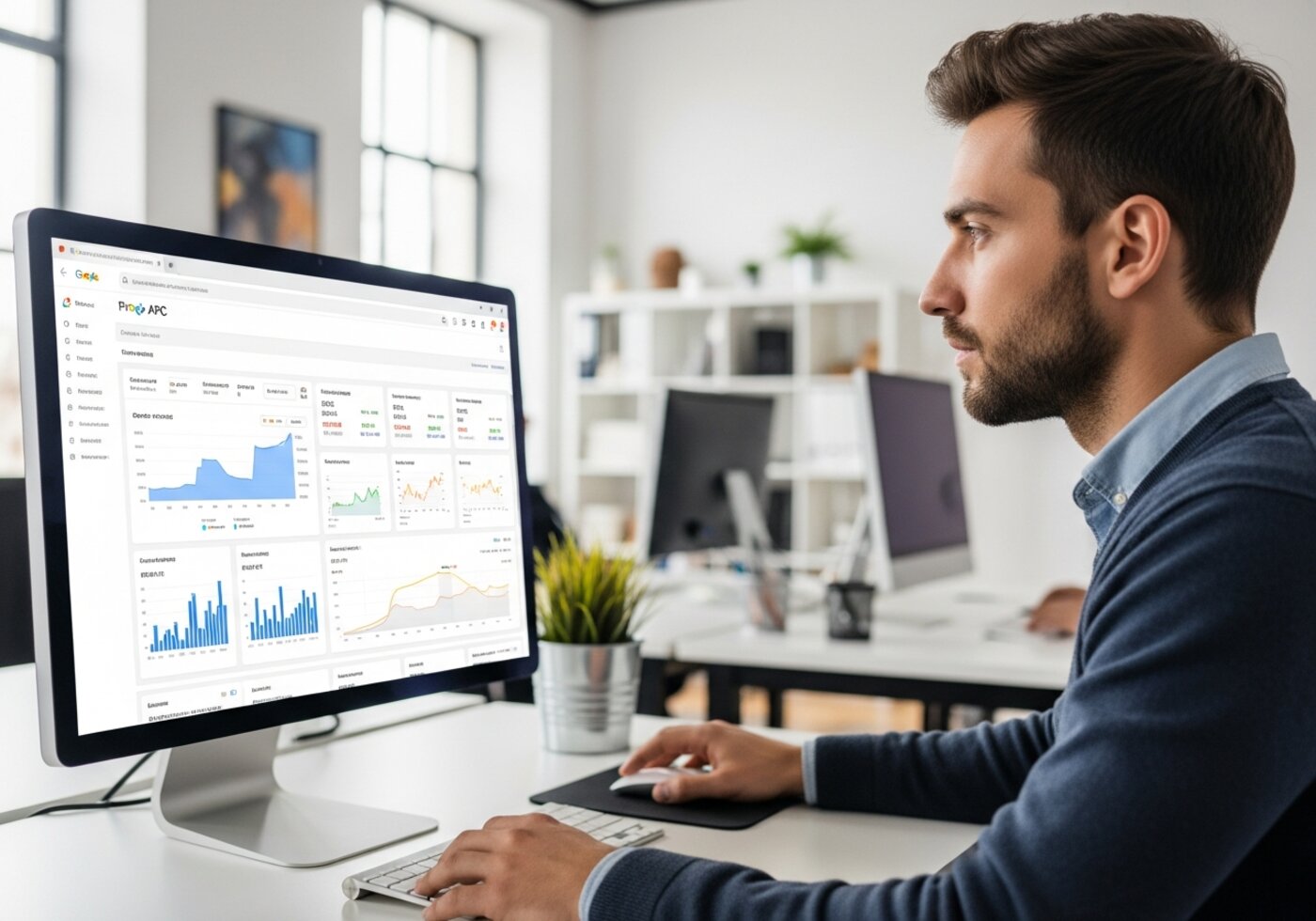 Digital marketer managing Google Ads PPC campaign with analytics dashboard