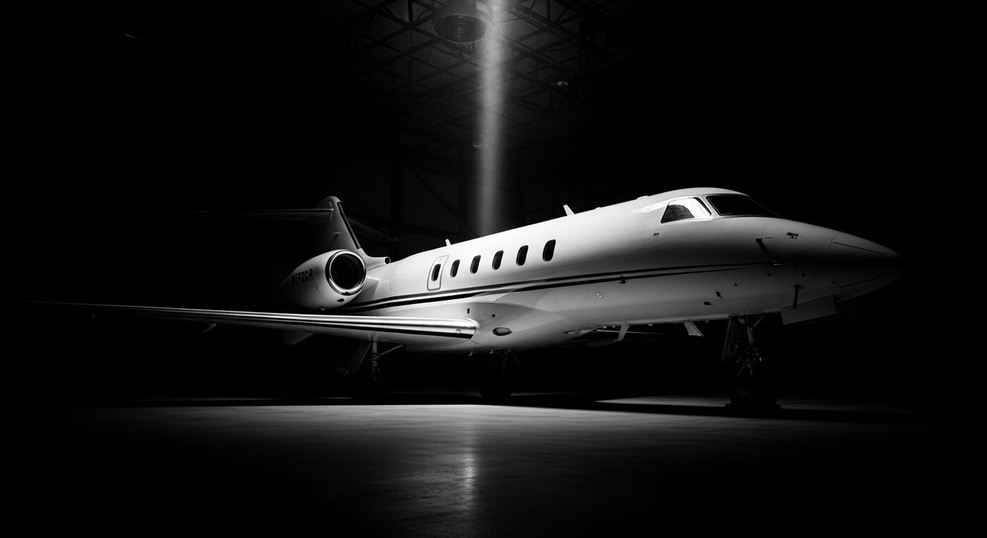 Empty private jet hangar with a single aircraft silhouetted in low light, illustrating how charter operators become invisible to AI search engines when fleet data lacks structured markup