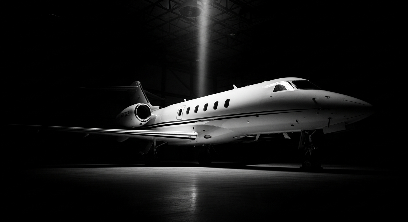 Empty private jet hangar with a single aircraft silhouetted in low light, illustrating how charter operators become invisible to AI search engines when fleet data lacks structured markup