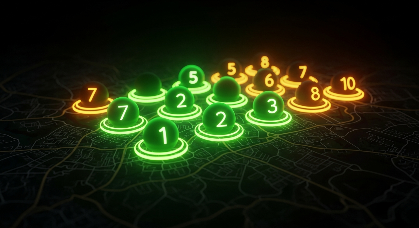 Local SEO ranking grid showing Google Maps position changes across Manchester postcodes. Green circles indicate top 3 positions, red indicates positions 20 or lower.
