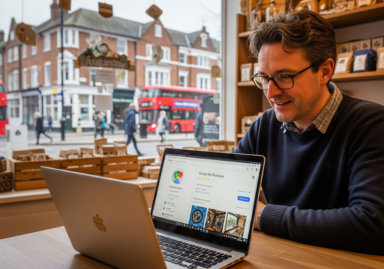 Local business owner reviewing Google Maps and local search results