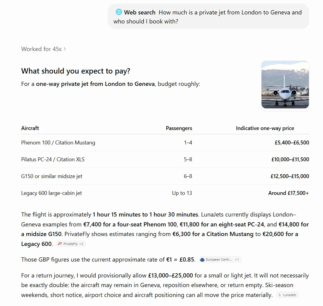 ChatGPT answer to a private jet London to Geneva pricing question