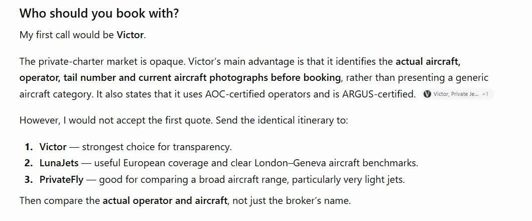 ChatGPT recommending private jet brokers for London to Geneva