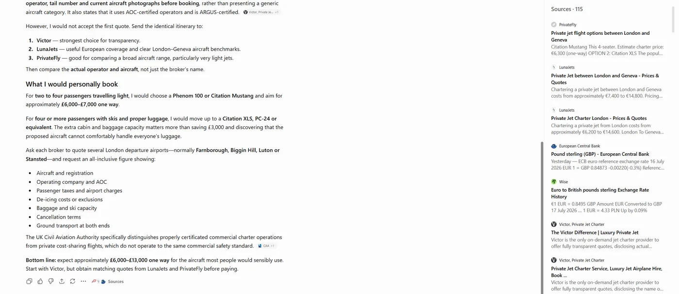 ChatGPT source citations for a private jet charter query