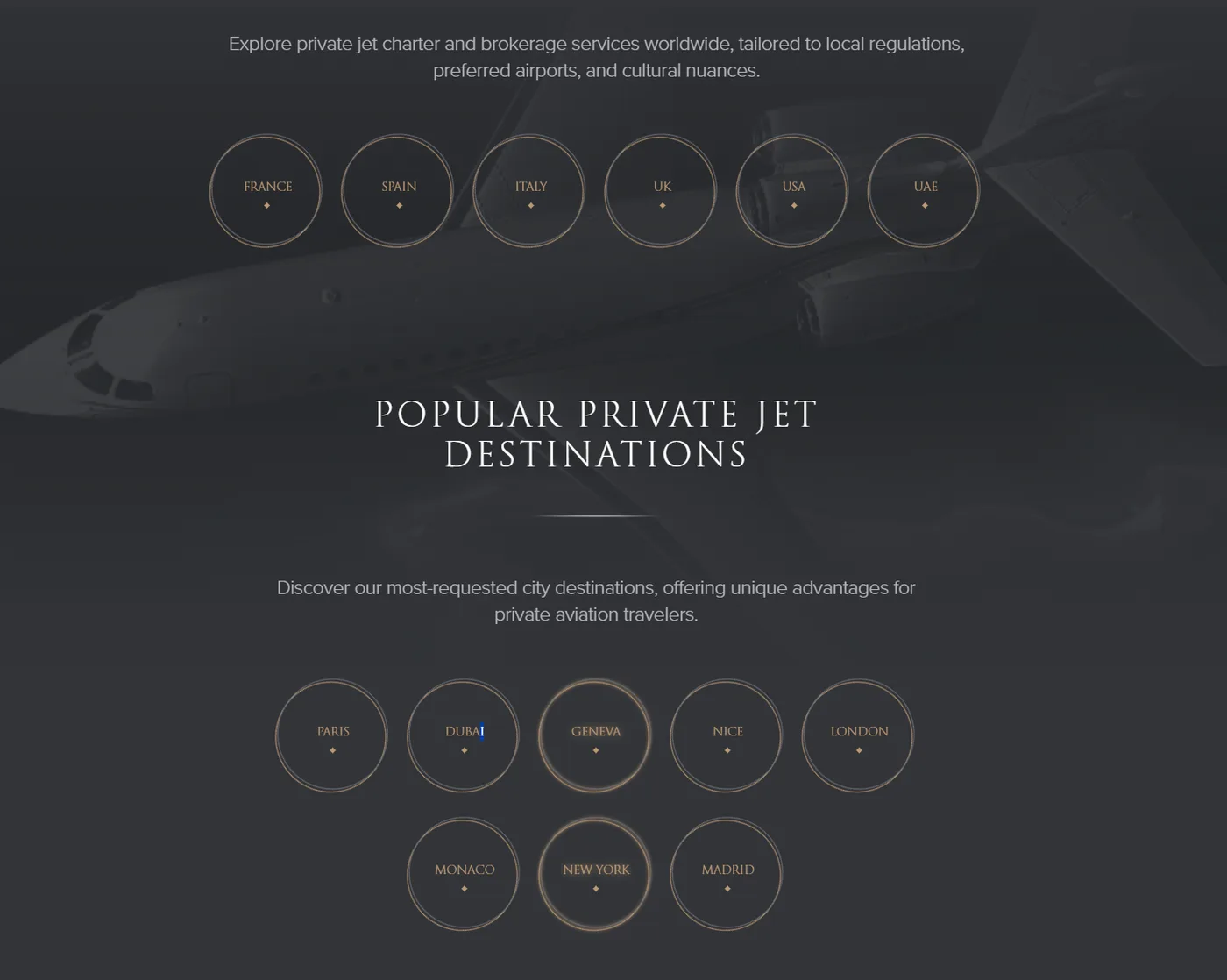 Charter operator website destinations menu with no links