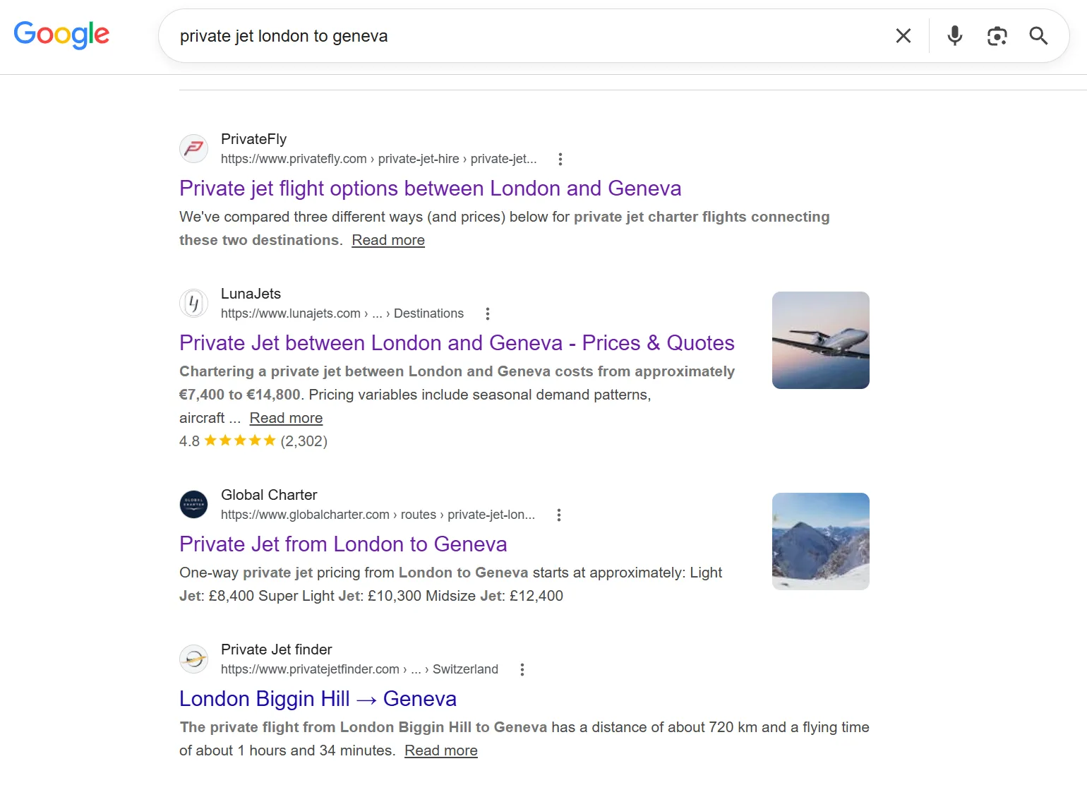 Google search results for private jet London to Geneva showing brokers and marketplaces