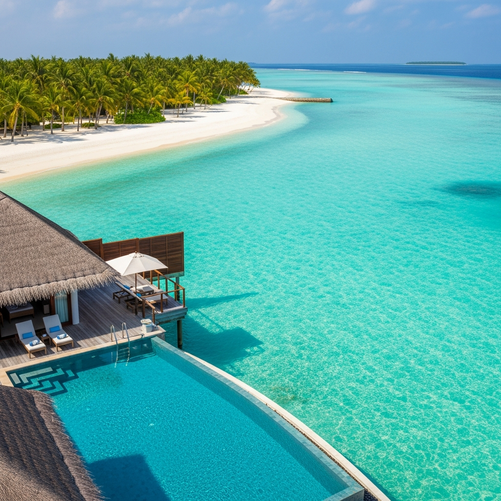 Luxury tropical resort with infinity pool overlooking turquoise ocean