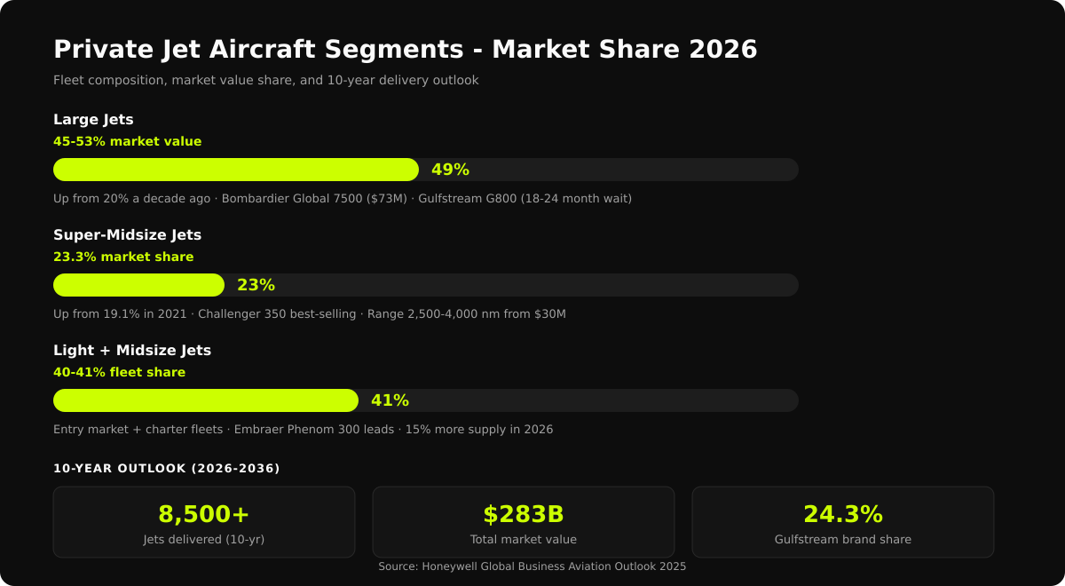 Private Jet Aircraft Segments Market Share 2026 — Large Jets 49% (45-53% value), Super-Midsize 23%, Light and Midsize 41%. 10-year outlook: 8,500+ jets, $283B total value, 24.3% Gulfstream share. Source: Honeywell
