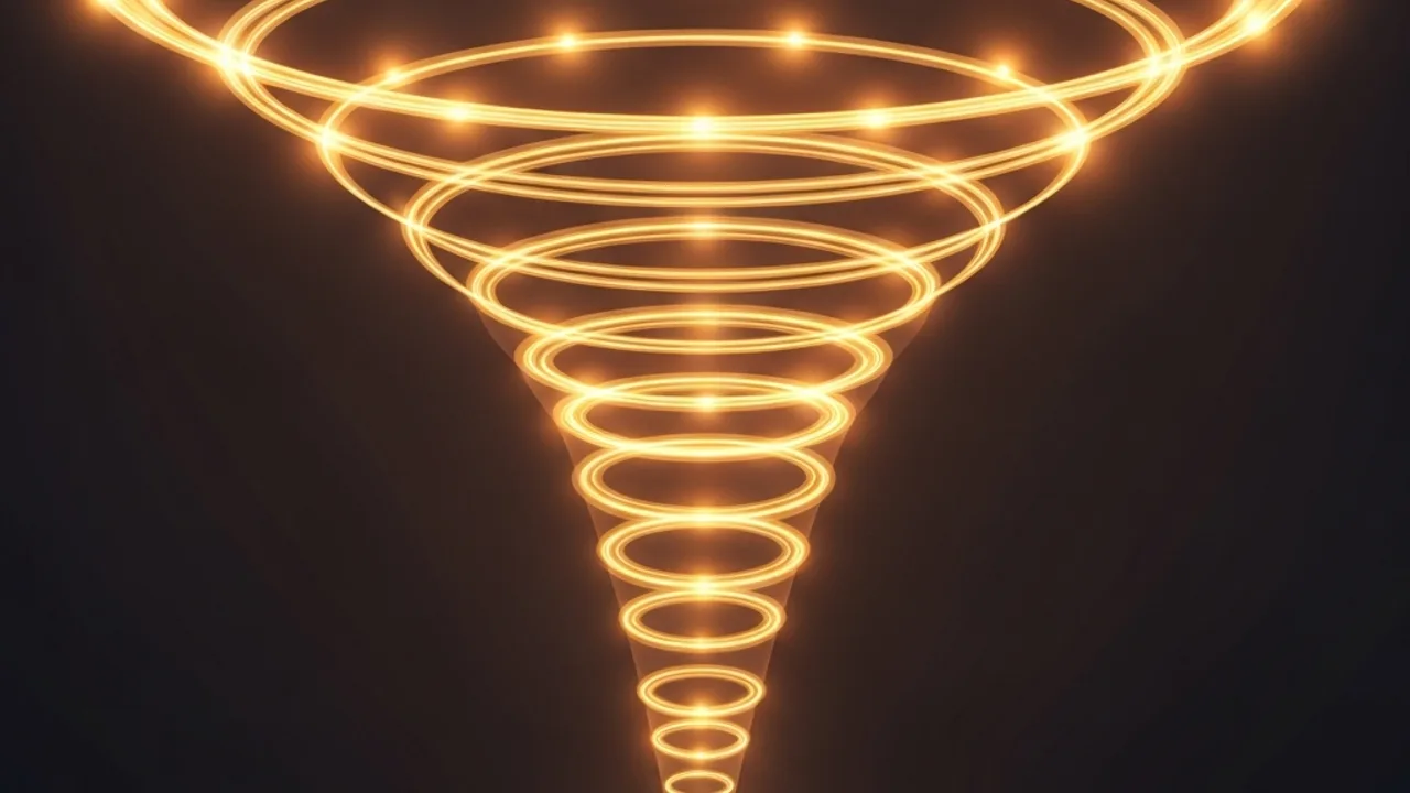 Abstract funnel of glowing rings representing the path from search to enquiry