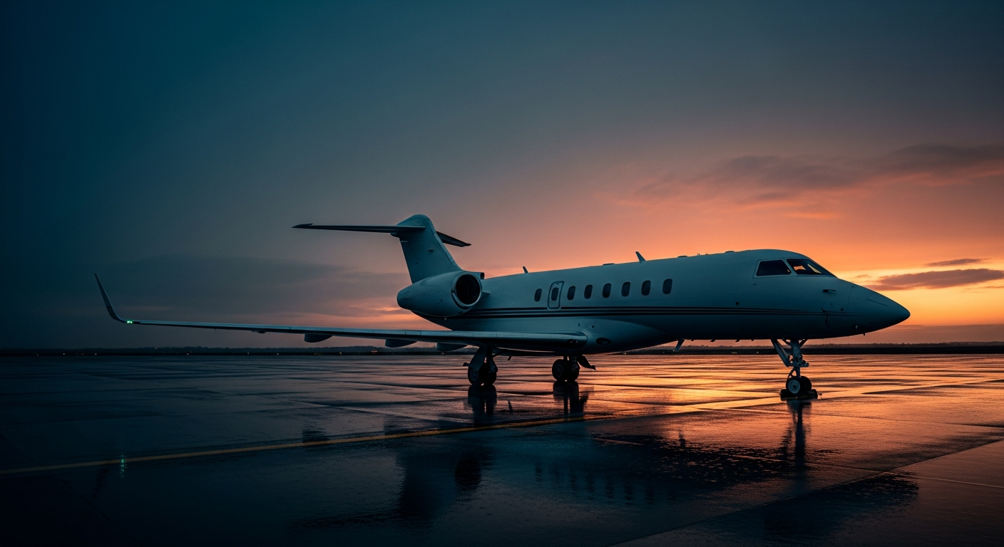 Private jet on tarmac at dusk