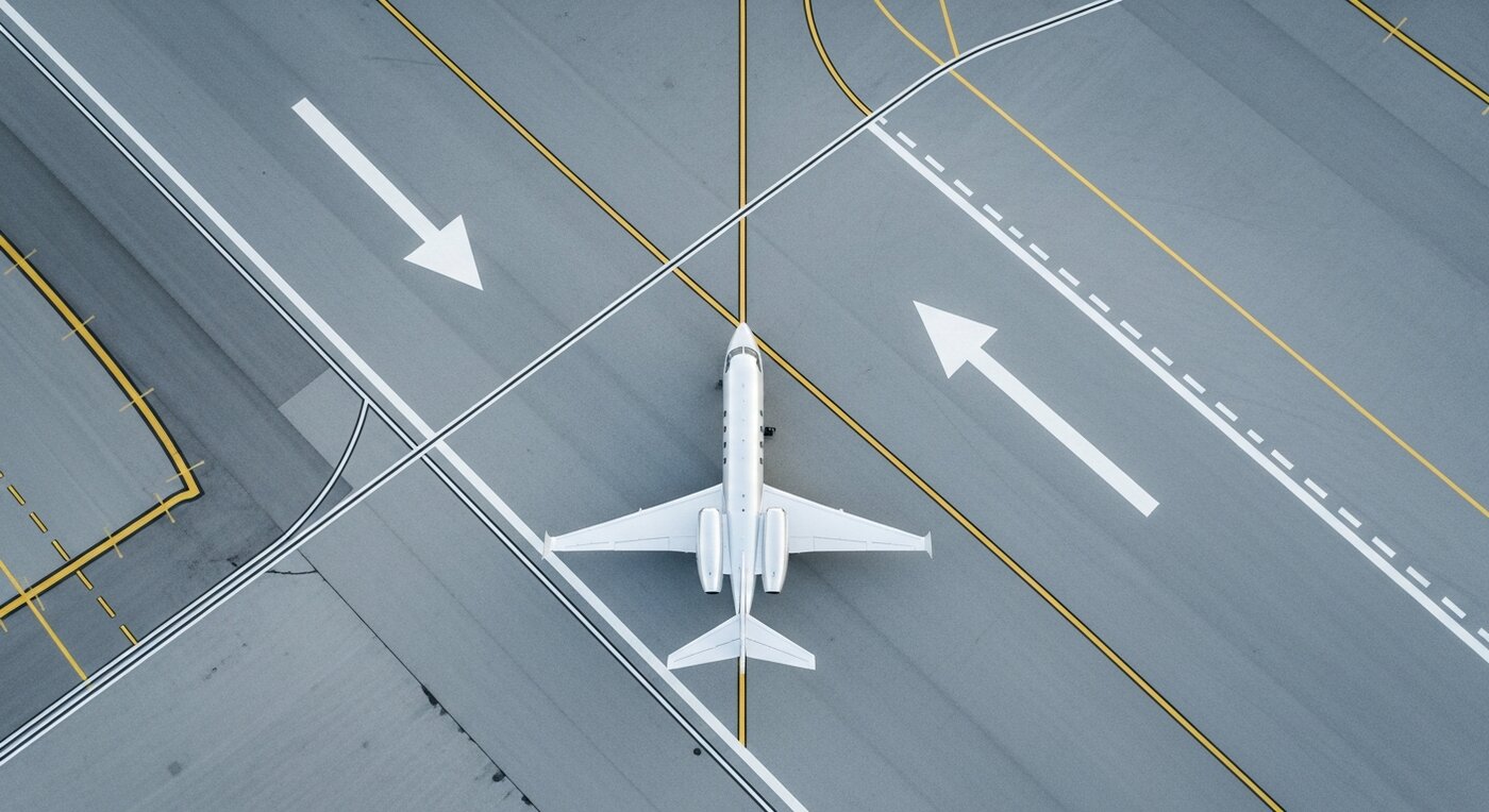 Private jet positioned on modern airport tarmac with directional signage, representing how aviation directories guide charter buyers to the right operators