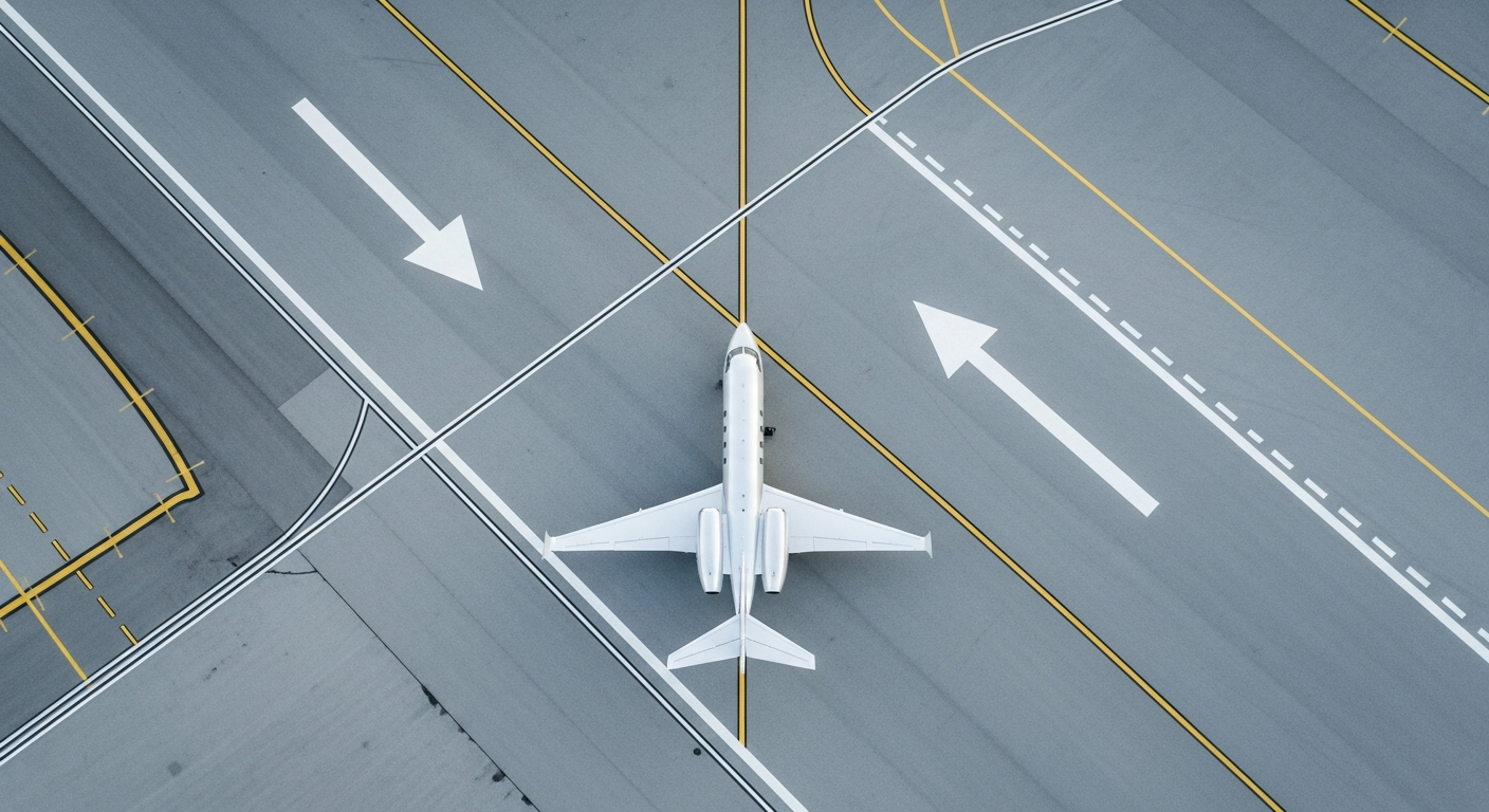Private jet positioned on modern airport tarmac with directional signage, representing how aviation directories guide charter buyers to the right operators