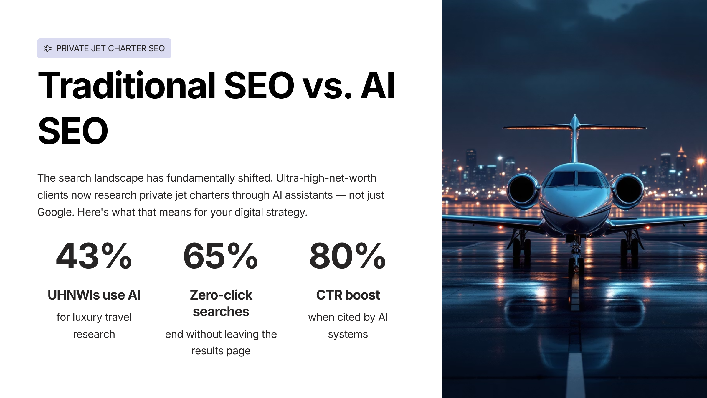 AI SEO vs traditional SEO comparison for private jet charter operators — ChatGPT Perplexity Google AI Overviews citation signals