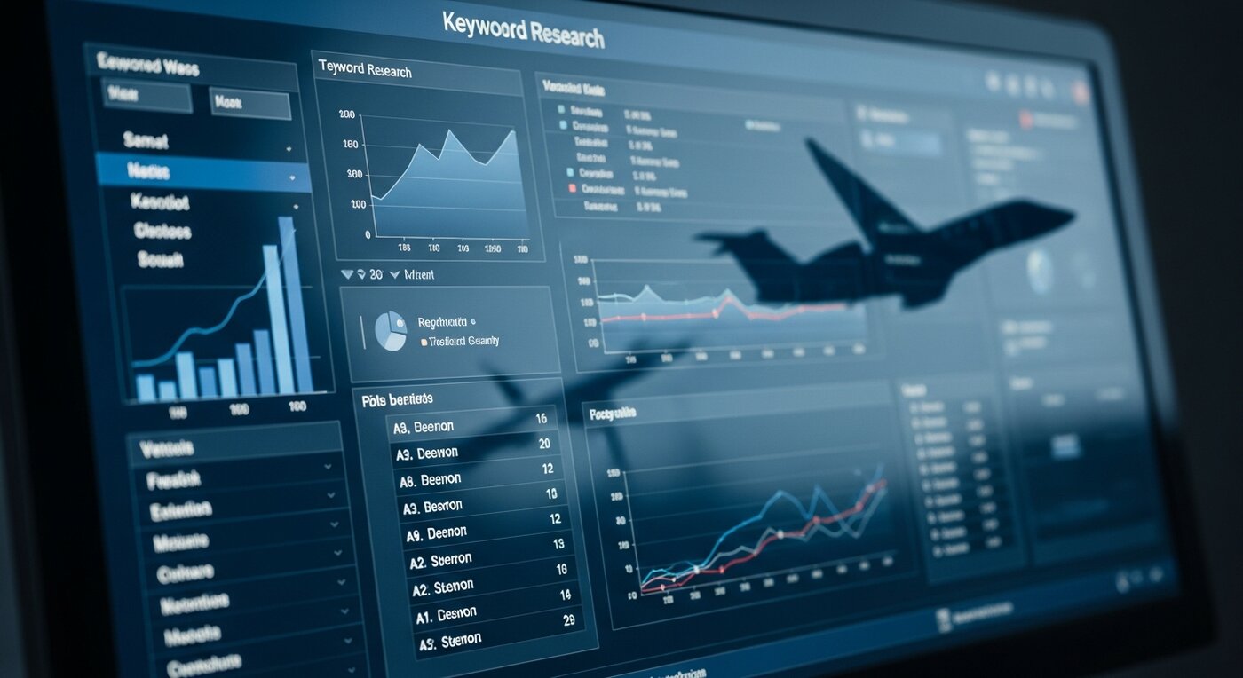 Private jet keyword research strategy showing search data on monitor screen