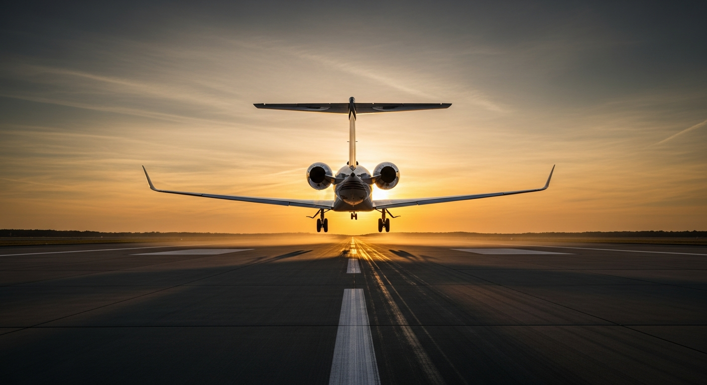 Sleek private jet taking off at golden hour — Epic Edits private aviation digital marketing