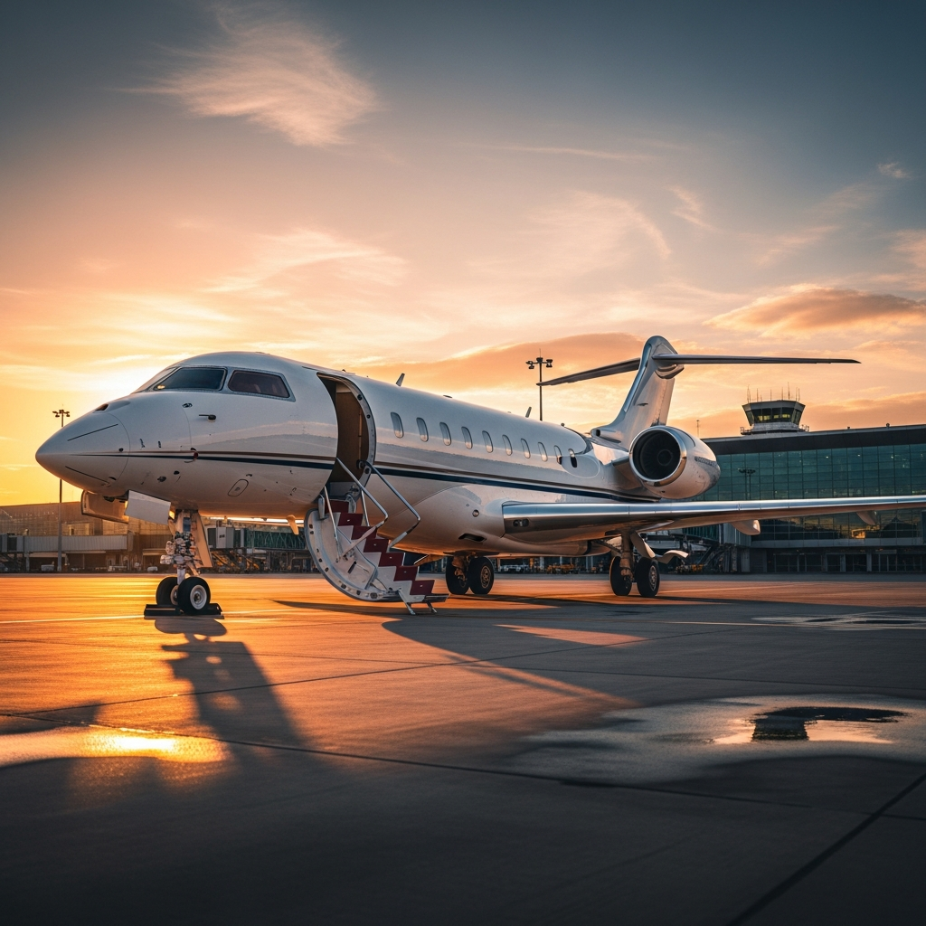 Luxury private jet on tarmac at sunset ready for charter flight