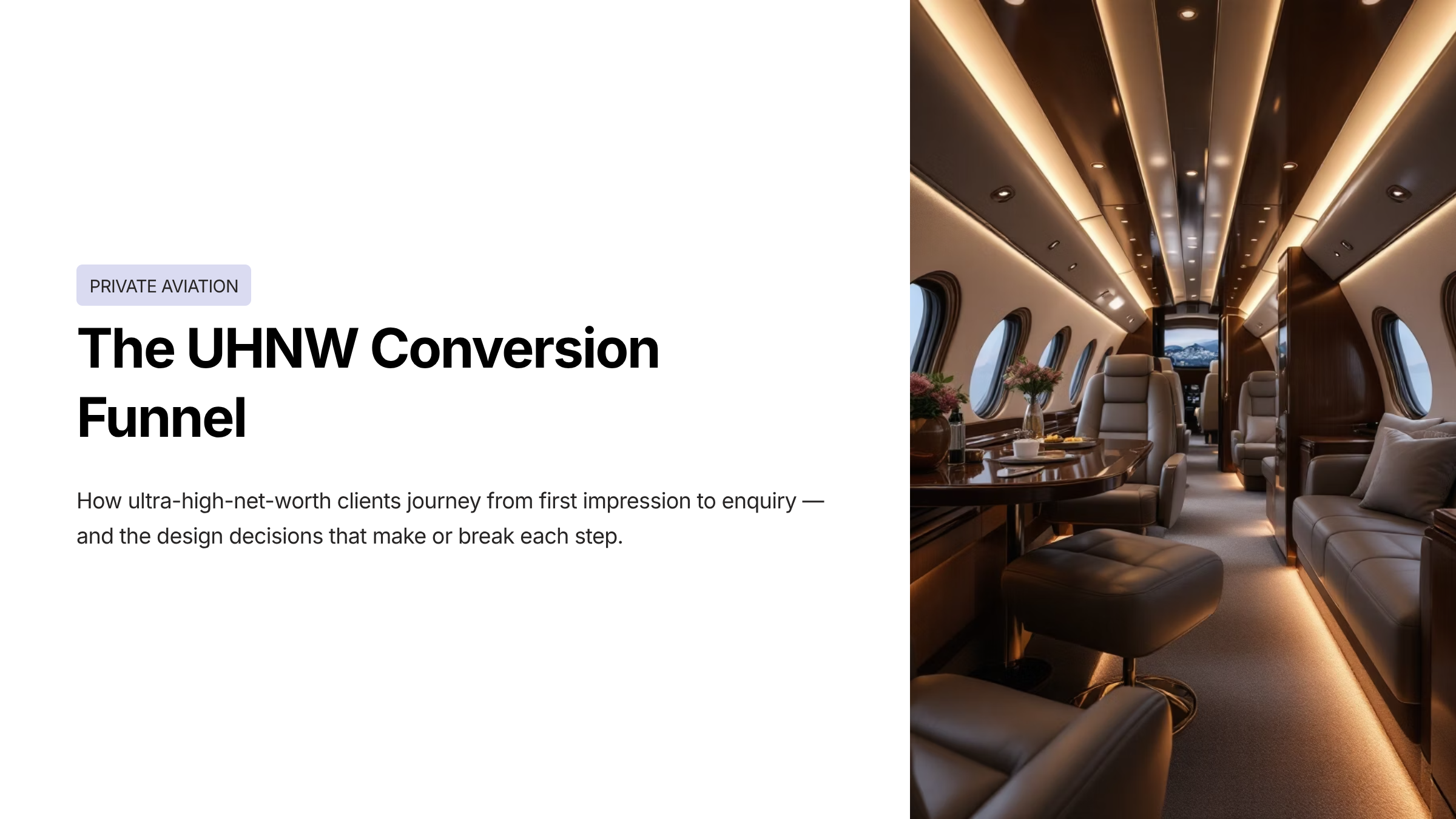 Private jet website conversion funnel — UHNW client journey from homepage to enquiry with load time and mobile stats