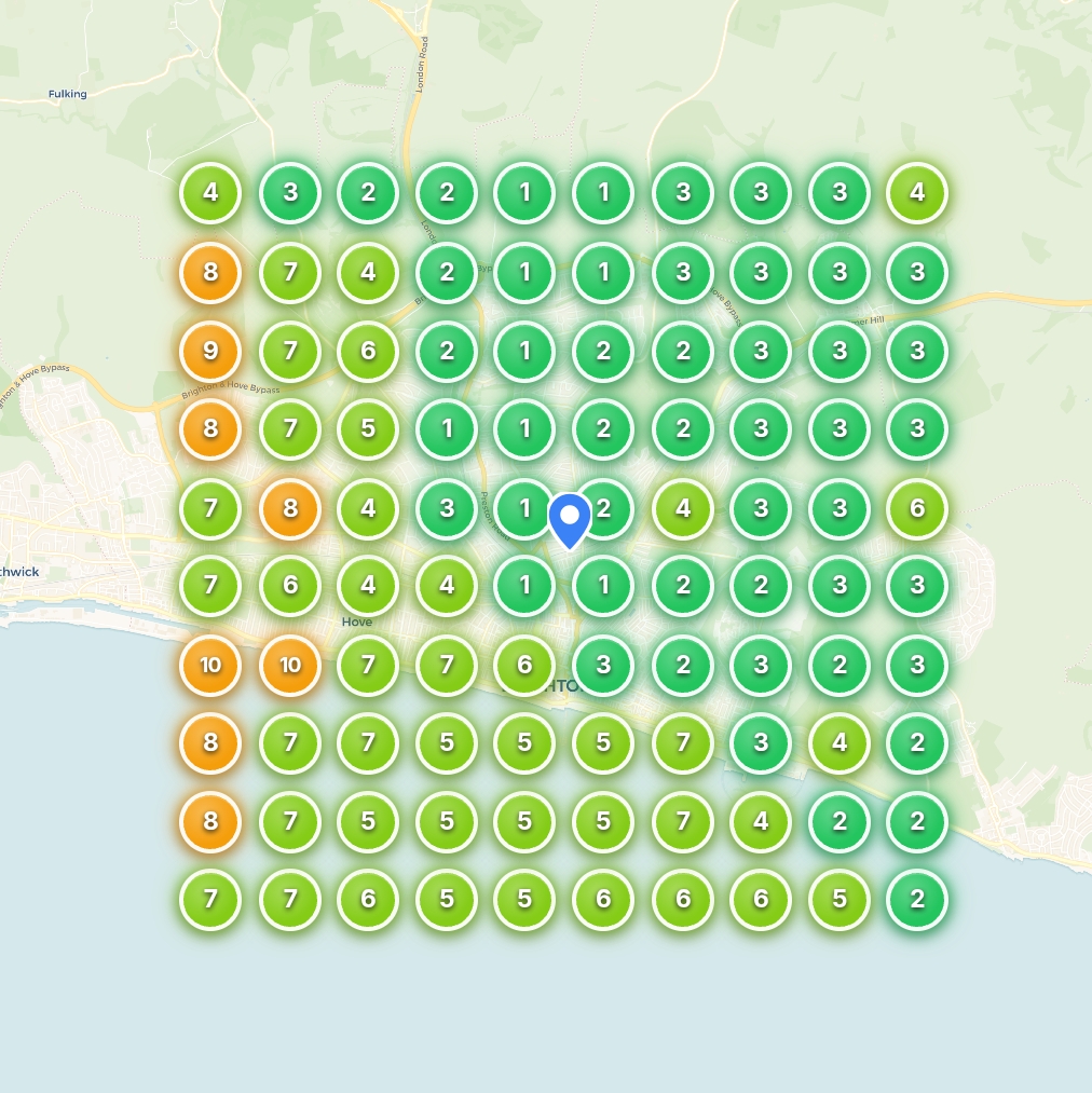 Google Maps ranking grid before and after an SEO Manchester campaign. Left shows positions 10 to 20+. Right shows positions 1 to 3 across the city. — after