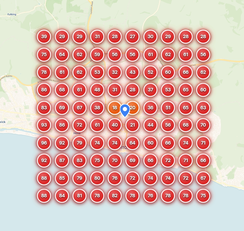 Google Maps ranking grid before and after an SEO Manchester campaign. Left shows positions 10 to 20+. Right shows positions 1 to 3 across the city. — before