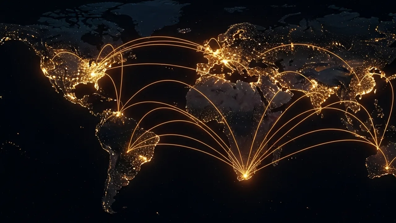 World map with glowing lines connecting major cities, representing route and location page coverage