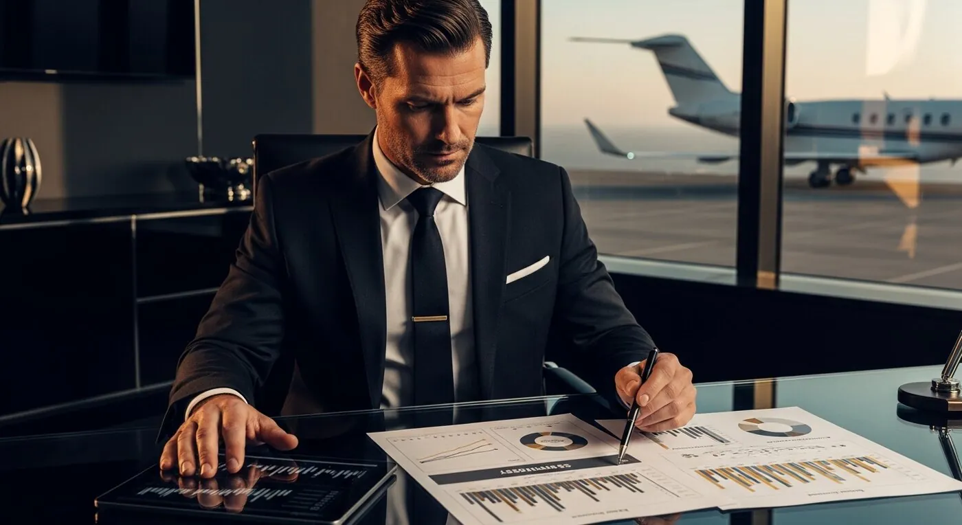 Private jet charter company executive reviewing SEO strategy