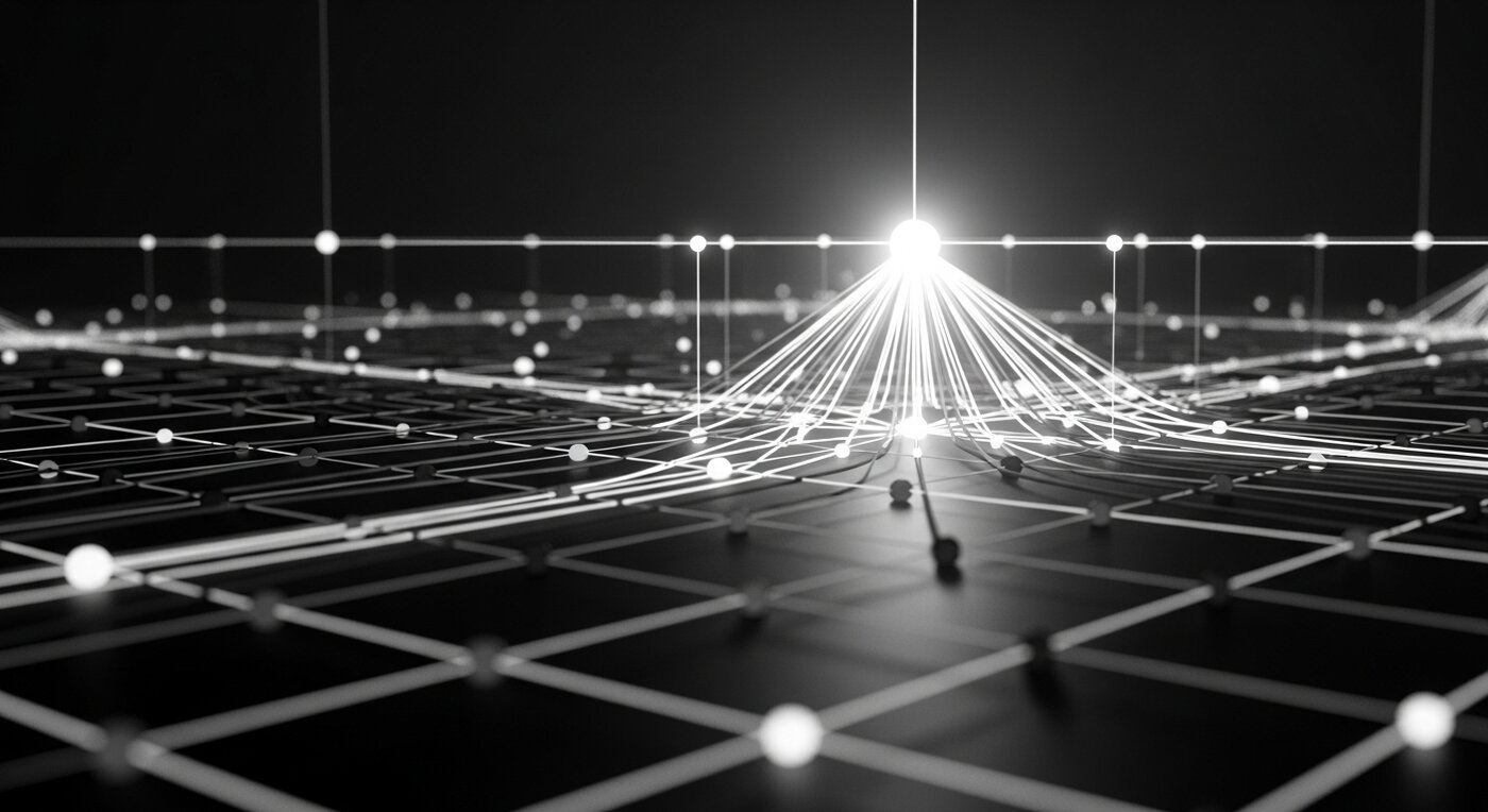 Interconnected network of glowing data nodes and schema connections, representing how structured markup creates machine-readable signals that AI retrieval systems use to cite private jet operators